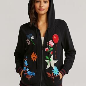 Cynthia Rowley “Love Kit” Black Embroidered Zip Hoodie, Size Medium